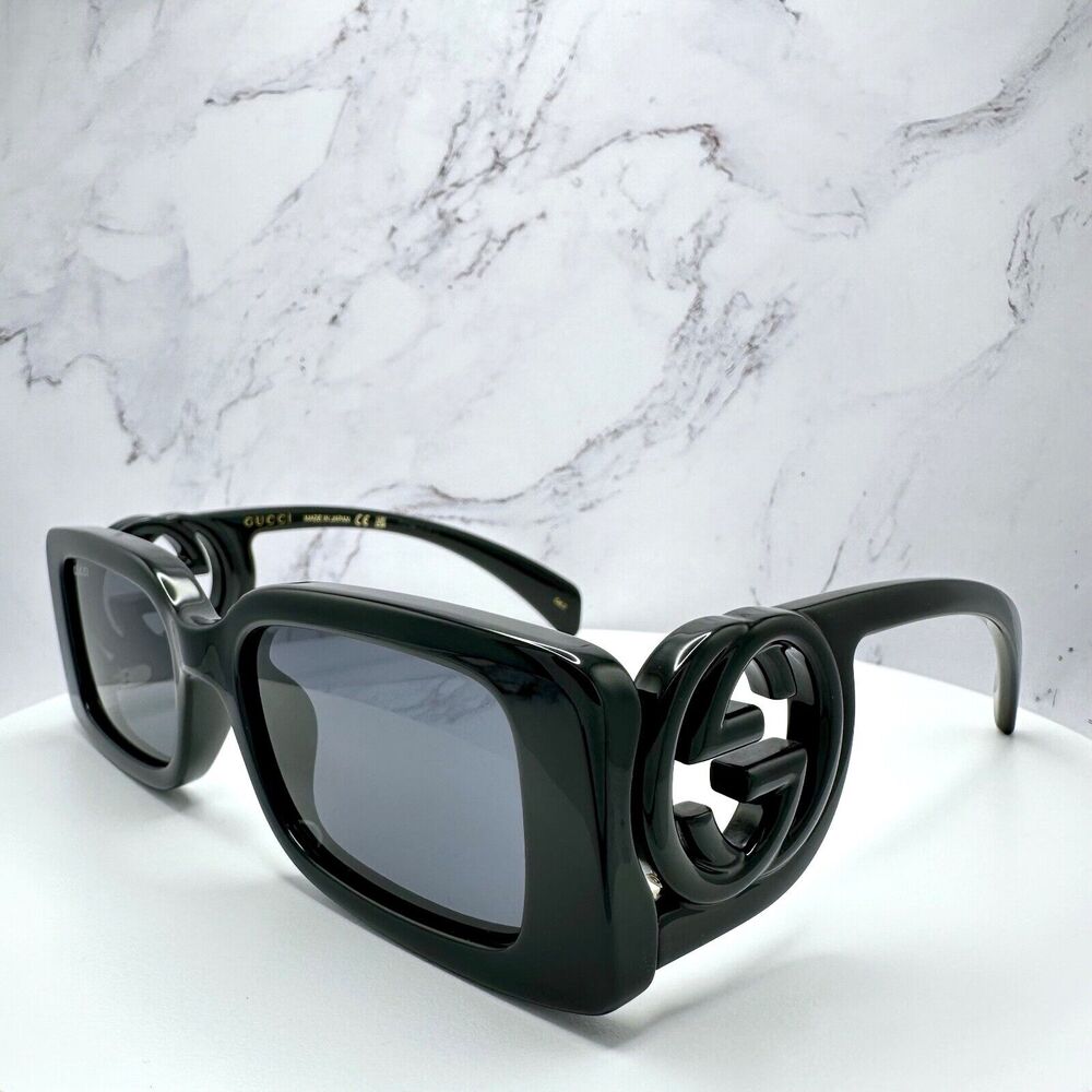 New Gucci Sunglasses Black Rectangle Square GG Logo Triple Black 54mm - Picture 3 of 16